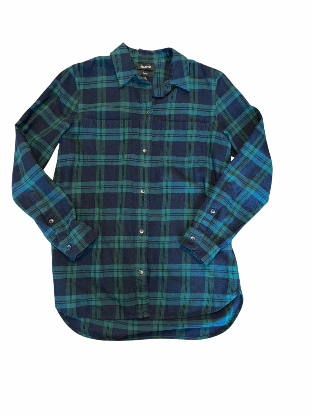 Madewell Navy & Green Plaid Button-Down Flannel Shirt Classic Fit XS 100% cotton